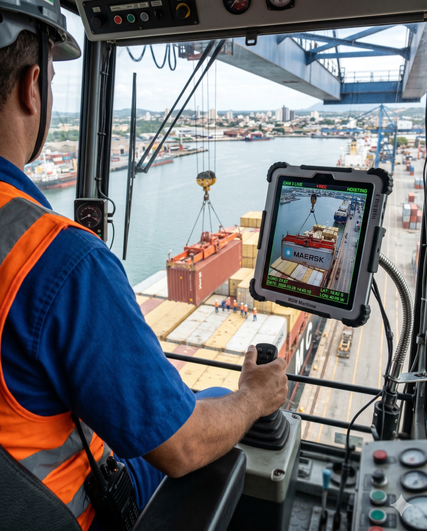 Guindasteiro operando com assistência visual por tablet resistente na doca portuária